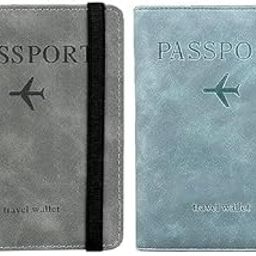 Travel Passport Holder Wallet Set, RFID Blocking Leather, 2 Pack, Grey and Sky Blue-image-104