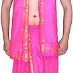Stitched Ready to Wear Free Size Men's Art Silk Pink Dhoti and Angavastram Set with Jari Border for functions and Pooja Occassions-image-12