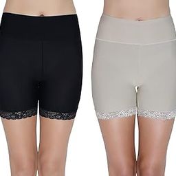 Women’s Ice Silk High Waist Tummy Control Seamless Boyshort Panties Cycling Shorts with Lace, Free Size (Pack of 2) Black/Beige-image-86