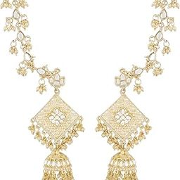 Gold Plated Traditional Kundan Studded Hanging Pearl Earring With Ear Chain For Women/Girls (E3121W)-11