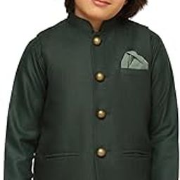 Boy's Cotton Blend Regular Fit Solid Green Nehru Jacket-image-45