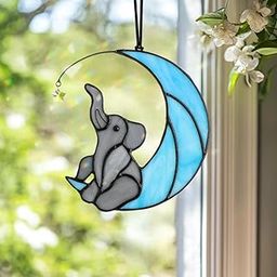 HDCRYSTALGIFTS Elephant Decor Stained Glass Window Hanging,Elephant on Moon with Star Handcrafted Sun Catcher Gifts for Birthday Women-image-19