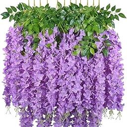 SUPER MARCHE (43.2 FT) Artificial Wisteria Vine Hanging Garland Silk Long Hanging Bush Flowers String Home Party Wedding Decor (Pack of 6, Purple)-image-56