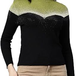 Women's Knitted Ribbed Embellised Diamond Studded Long-Sleeve High Neck Pullover T-Shirts Top Sweater DN83-13
