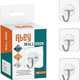 Abey Wall Hook - Adhesive Heavy Duty Stainless Steel Hooks | Multipurpose Self-Adhesive Hooks| No Drilling, Nail-Free Sticky Hooks | 13.2 lb Max Capacity, Pack of 10-26