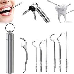 Risluxe Dental 7 in 1 Stainless Steel Teeth Cleaning Tool Kit, Stainless Steel Toothpicks Cleaning Picks Flosser for Braces Cleaning Reuseable Toothpicks Oral Care-image-32