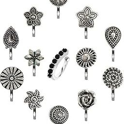 Fashions German Silver oxidized Nose pin non piercing Oxidised Clip on nose ring Stud for women-image-58