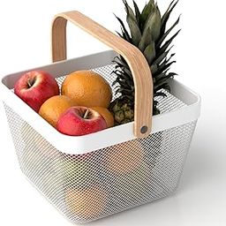 Lifelong Multipurpose Mesh Storage Basket with Wooden Handle | Portable Fruit & Vegetable Organizer for Kitchen, Pantry, Dining Table & Home for Storage, Lightweight & Durable Carry Basket – White-23