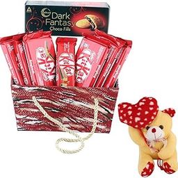 SFU E Com Nestle Kitkat & Dark Fantasy Choco Fills Combo Gift Hamper | Valentine Heart Teddy Bear With Chocolate Combo | Valentine Chocolate Hamper | 1043-23