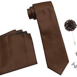 Men's Micro Polyester Necktie Set with Pocket Square, Brooch Pin and Cufflinks (Brown, Free Size)-image-47
