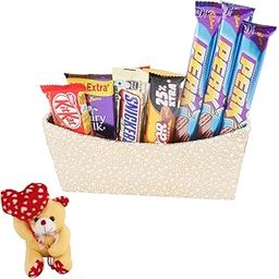 SFU E Com Chocolate Gift Hamper With Beautiful Golden Wooden Basket | Valentine Heart Teddy Bear With Chocolate Combo | Valentine Chocolate Hamper | 225-18