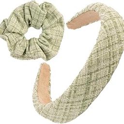 F DREAM Padded Headband and Scrunchie for Women's,Wide Headband,Boho Headband, Hair Accessories Girl, Hair Scrunchies Elastic Hair Bands, Ponytail Holder Hair(Color-Light Green)(Pack2)-52