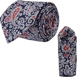 Men’s Navy Blue Paisley Tie and Pocket Square Set – Elegant Red & White Floral Necktie for Weddings, Formal Events, and Business Wear-image-32