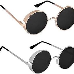 Sunwear Unisex Latest Modern Stylish Cup Round Sunglasses Combo (Silver & Gold Frame,Black Lens )-image-46
