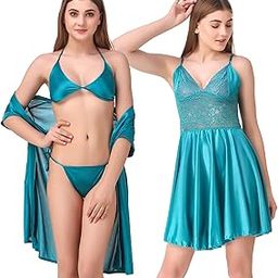 Women's Satin Solid Above Knee Length Nighty, Wrap Gown, Bra and Thong (Size - Free Size) (Nightwear Set Pack of 4)-image-18