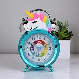 De'rons Twin Bell Analog Table Alarm Clock with Backlight for Heavy Sleepers Alarm Clock for Students Funny Cute Cartoon Unicorn Shape Alarm Clock for Girls Kids Boys Bedroom 12 x 8 cm (Turquoise)-6