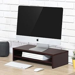 carpentray Wooden Computer Long Monitor Stand, Monitor Riser Desk Shelf Desktop Legs Stand Riser with Keyboard Storage Desk (Dual Shelf, Dark Brown)-13
