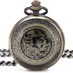 Bronze Mens Dragon & Phoenix Dangle Pendant Pocket Quartz Watch Chain + Box-image-49