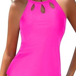 High Neck Tankini Top Backless Bathing Suit Tops for Women Swimsuit Top Key Hole Swim Top Only, Hot Pink, XL-image-10
