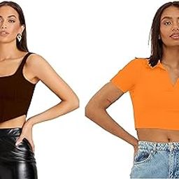 Women's Solid Slim Fit Crop Tops (HFI+PRNTX BRWN+T-SHRT+CRP+TP+ORG+34_Brown & Orange-image-62