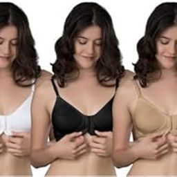 Women's Cotton Brassiere | Non-Padded | Non-Wired | Moderate Coverage | Front Open, Deep Panel and Molded Cups Regular Bra | 3 Piece | (Combo3_EC07_P)-image-3
