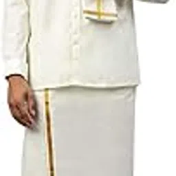 ramraj cotton Men Cream Cotton Full Sleeve Shirt with Gold Border Dhoti Set with Towel and Belt (38)-picture-29