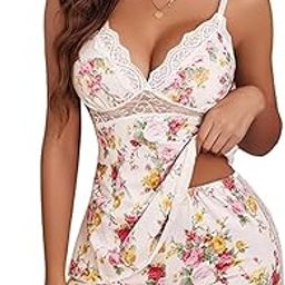 Women’s Babydoll Sleeveless Satin Lace Pajamas Set Two Piece Sleepwear Lingerie with Elastic Waistband for Bridal Honeymoon and Wedding Night Suit (Floral White, Free)-image-82