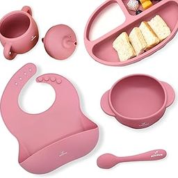 Minimum 5Pc Silicone Baby Feeding Set, Bibs, Suction Bowl, Sippy Cup, Suction Plate, Spoon (Pink) Food Grade Silicone, BPA Free, Safe for Babies-image-5