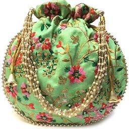 Women's Fashion Handmade Handbag Wristlets Ethnic Bridal Potli Batwa (Parrot Green)-image-13