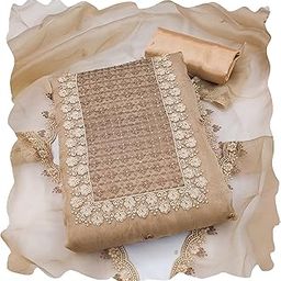 Women'S Beige Unstitched Heavy Thread Embroidery And Sequence Work With Designer Dupatta Organza Dress Material (RNX532BEIGE)-0