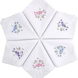 Ladies/Women's Cotton Handkerchief Flower Embroidered with Lace 6 Pack - Assorted-image-0