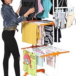 Happer Premium Clothes Stand for Drying with Wheels | Portable | 3 Layer Rack for Balcony | Foldable Wings | 24 Hanger Rods | Anti Rust Steel Metal (Orange | Prince Jumbo)-9