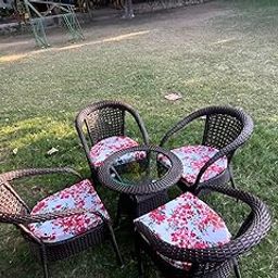 TERRALUXE Designer 4 Chair 1 Table for Garden|| Balcony|| Terrace|| Coffee|| Patio ||Wicker Seating Chair and Table Set Outdoor Furniture (D-8 Brown with 4 Chair 1 Table with Printed Cushions)-image-94