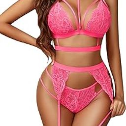 SoShHub Lace Garter Lingerie Set with Removable Choker Teddy Babydoll Strappy Bra and Panty Set with BLACK STOCKING for honeymoon, Special Night-image-43