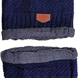 2 Pieces Neck Scarf Set Warm Knitted Fur Lined Winter Beanie Cap for Men and Women (Navy Blue)-image-86
