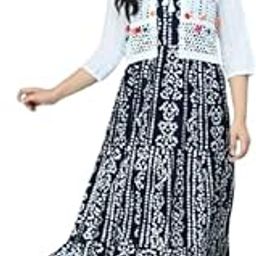 Women's Maxi Dress with Printed Design, Navy Blue and White, Cotton Jacket Style-image-78