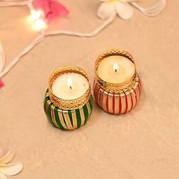 CraftVatika Designer Unique Tea Light Candle Holder Stand Diwali Decoration Items Handmade T Light Diya Home Puja Decor Corporate Gifts for Deepawali Set of 2-image-93