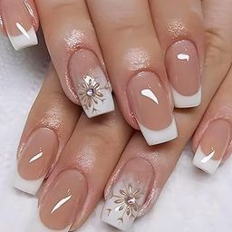Gloss & Go 24 Reusable Artificial Fake Nail Set| Peach White Flower Mix Design Glossy With Diamond| Lightweight & Long Lasting| Easy To Use| Quick Fix For Festivals & Special Occasions-28