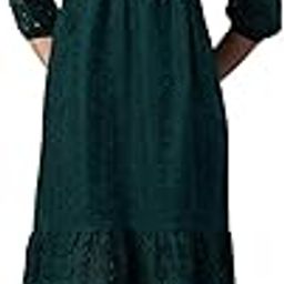 Floral Embroidered Schiffli Midi Dress, Green, V-Neck, 3/4 Puff Sleeves, A-Line Dress-image-17