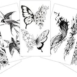 Black and White Floral and Butterfly Temporary Tattoo Stickers, Set of 5 size10.5 * 6cm each-27