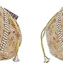 Potli Bag Velvet for ladies traditional Indian Wristlet women handbags with Drawstring Ethnic Embroidery Fashion Potli (Beige)-image-23
