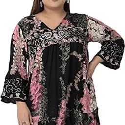 Floral Printed Tunic V Neck Long Embroidered Blouse Summer Fit and Flare Casual Stylish Longline Top for Women Plus Size-image-60