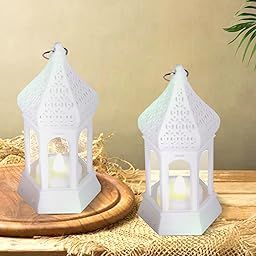 Homesake® 2 pcs Flameless and Smokeless Acrylic Antique LED Lantern Hurricane Lamp and Wall Hanging Led Candle Light for Home,Living Room for Diwali Decorations, T-Light Lantern, (White)-image-45