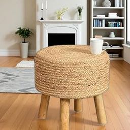 LB TRENDS Sitting Solutions for Home - Wooden Frame Round Ottomans, Soft Cushion Pouffes, Stools Ideal for Living Room, Bedroom, Study & Makeup Table, 16x16x18 Inch, Jute Stool-image-50