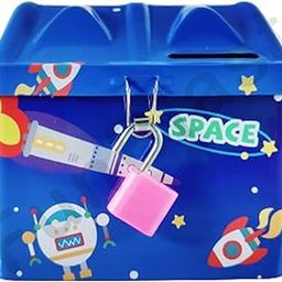 FunBlast Piggy Bank for Kids – Space Themed Money Saving Tin Coin Box with Lock and Key – Birthday Return for Boys & Girls, Money Bank, Coin Box for Kids (Blue)-11