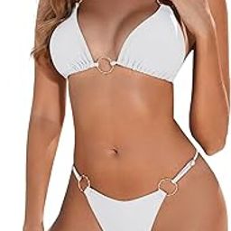 Women's Two-Piece Bikini Set with O-Ring Details, Halter Neck Triangle Top, High Cut Bottom, White-picture-32