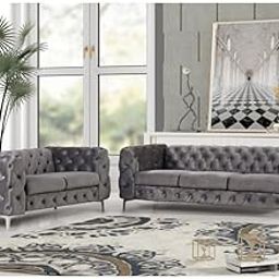 WASKOW ART HUB Modern Chesterfield Sofa, 3 Seater, 197cm Wide, Velvet Upholstery, Button Tufted, Living Room Sofa with Diamond Pattern, Cream (Grey Velvet)-image-5