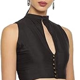 Women's Silk Front Open Collar Neck Stylish Designer Sleeve Less Readymade Non Padded Blouse-picture-13