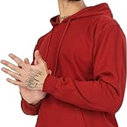 Solid Hooded Sweatshirt | Drawstring Hood, Kangaroo Pocket, Regular Fit (Maroon)-image-1