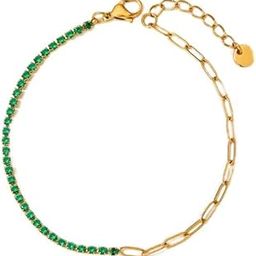 Elegant Green Stone Tennis Bracelet for Women | Gold-Tone Adjustable Chain | Dainty Stainless Steel Jewelry-22